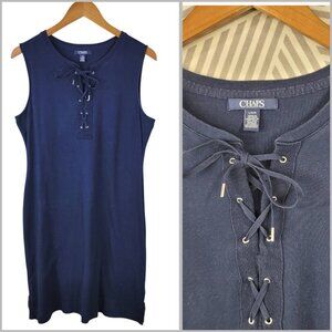 Chaps Shirt Dress Large Casual Lace Up Collar Navy Bodycon Cotton Ralph Lauren